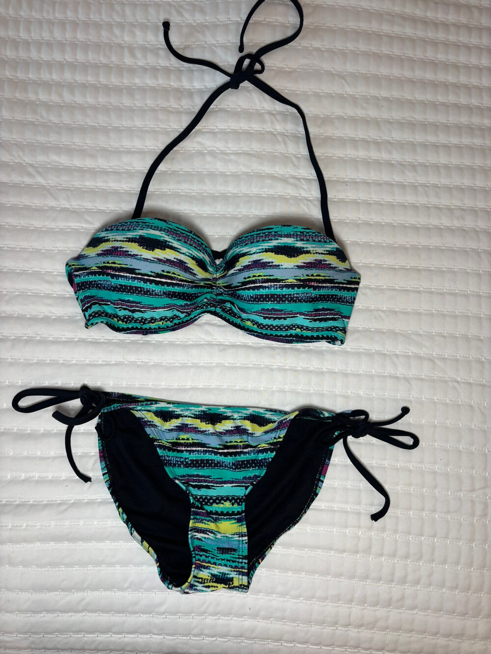 Two Piece Bandeau Bikini Set Teal Black Abstract Print Pushup Size M and S